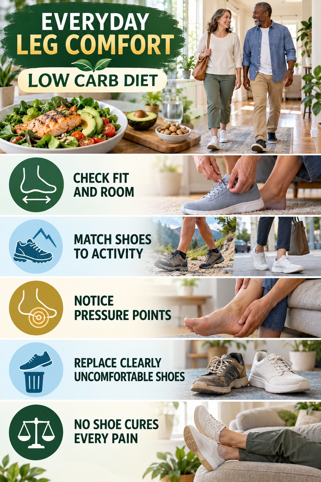 Comfortable Footwear Awareness infographic for Low Carb Diet with five gentle movement, position, footwear, recovery, or safety actions.