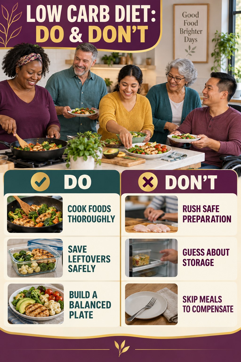 Low Carb Diet Do and Don’t comparison graphic showing three practical behavior pairs for busy-day meals.