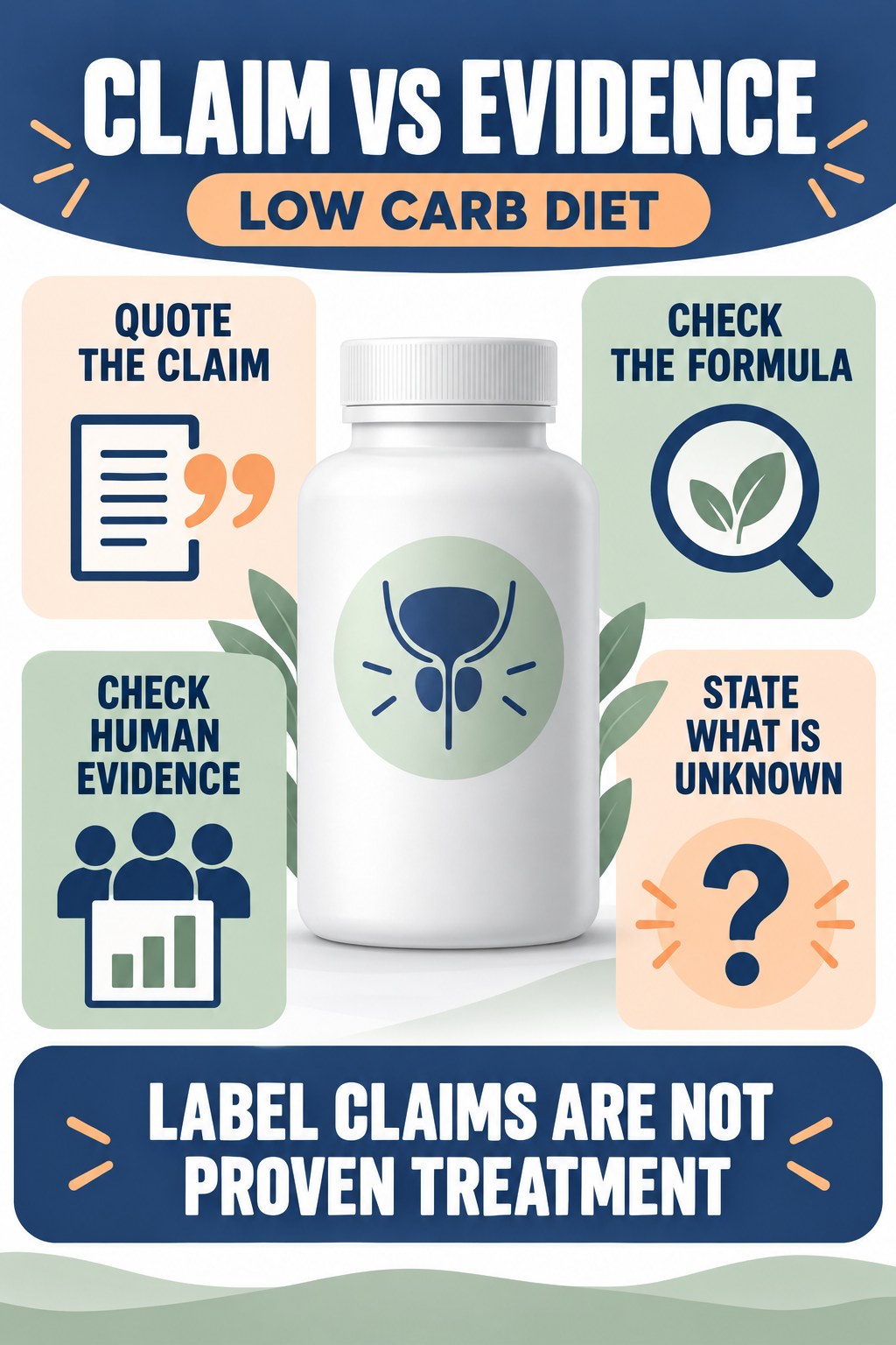 Evaluate “Supports Prostate Health” as Marketing Language prostate supplement label-literacy infographic for Low Carb Diet with four careful reading points.