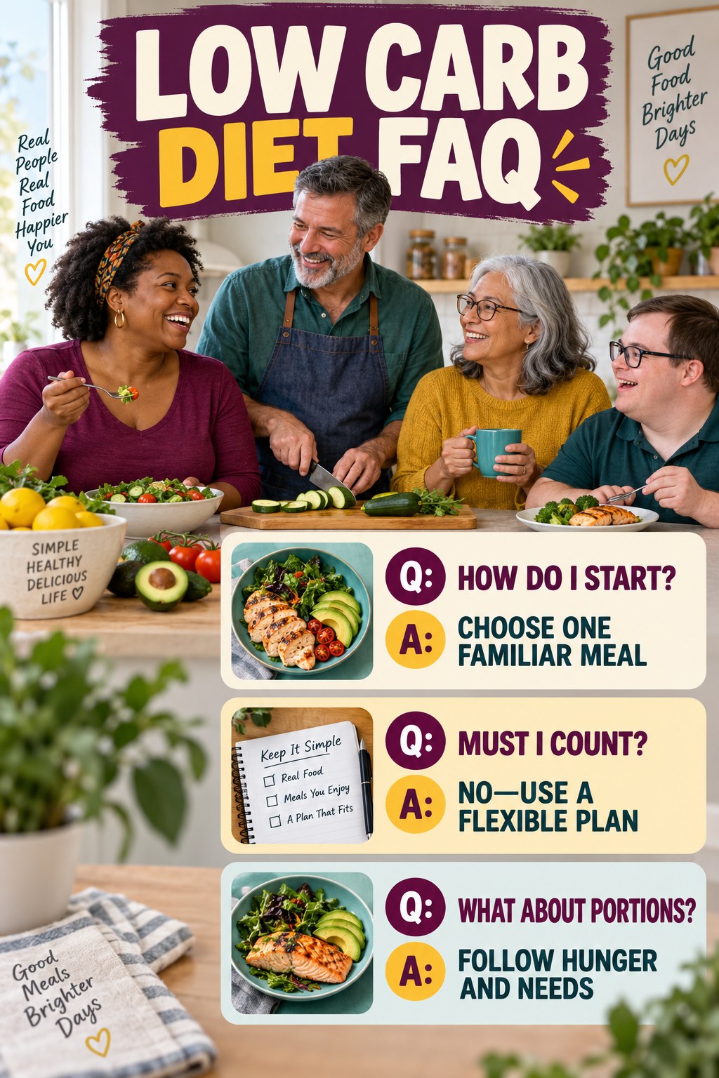 Low Carb Diet FAQ graphic with three concise questions and practical answers for beginners.