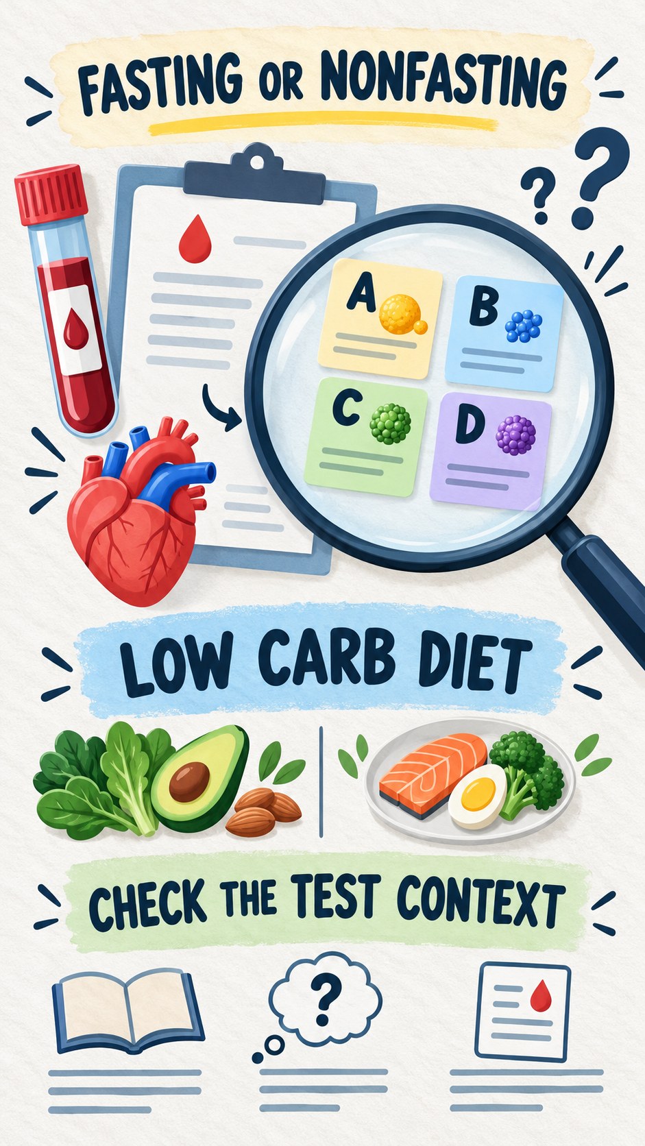 Fasting and Nonfasting Questions infographic for Low Carb Diet, using a non-numerical educational lipid-panel layout with question and context icons.