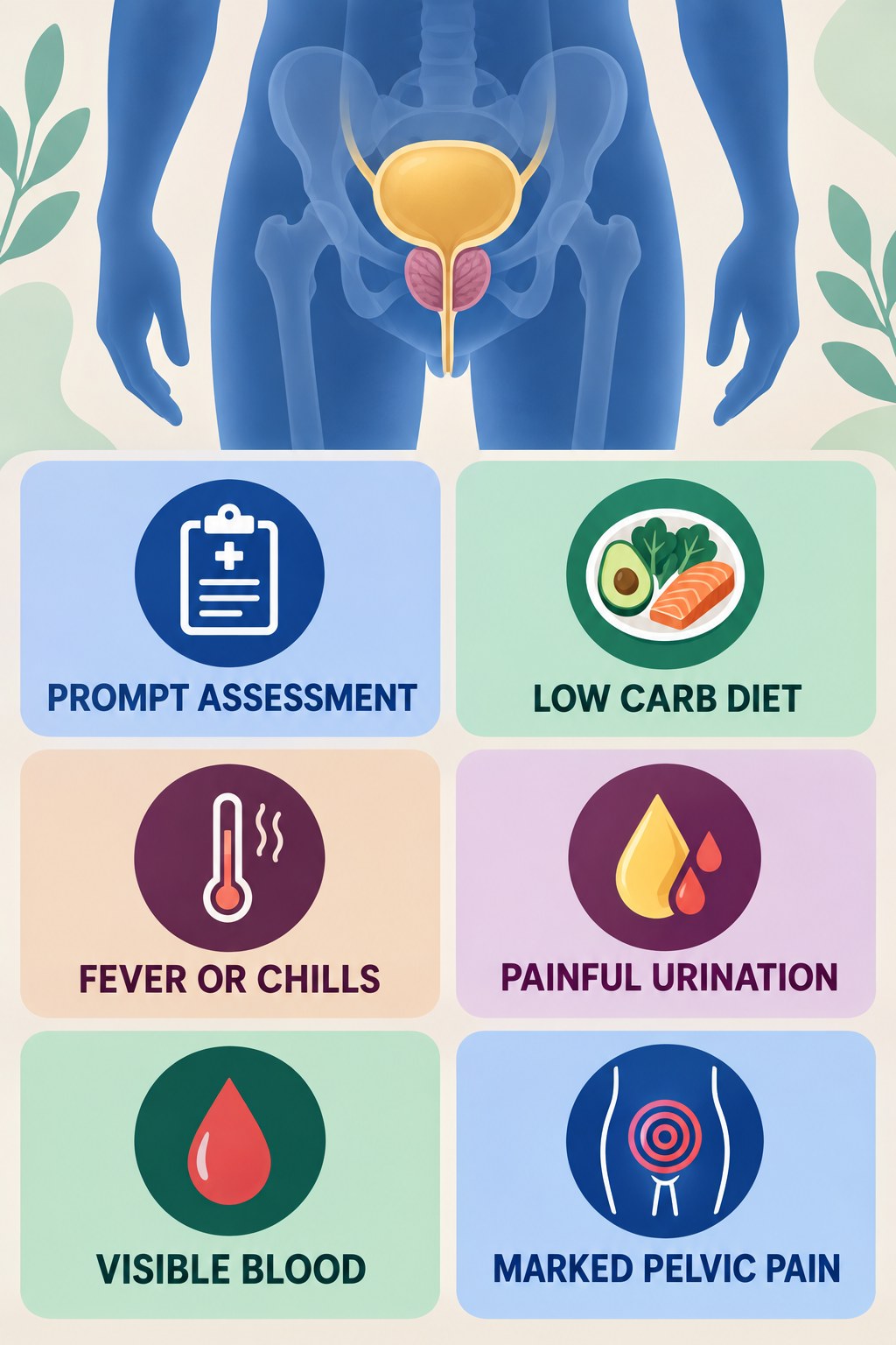 Fever, Chills, and Urinary Pain Need Prompt Assessment infographic for Low Carb Diet with four concise prostate-health awareness points.