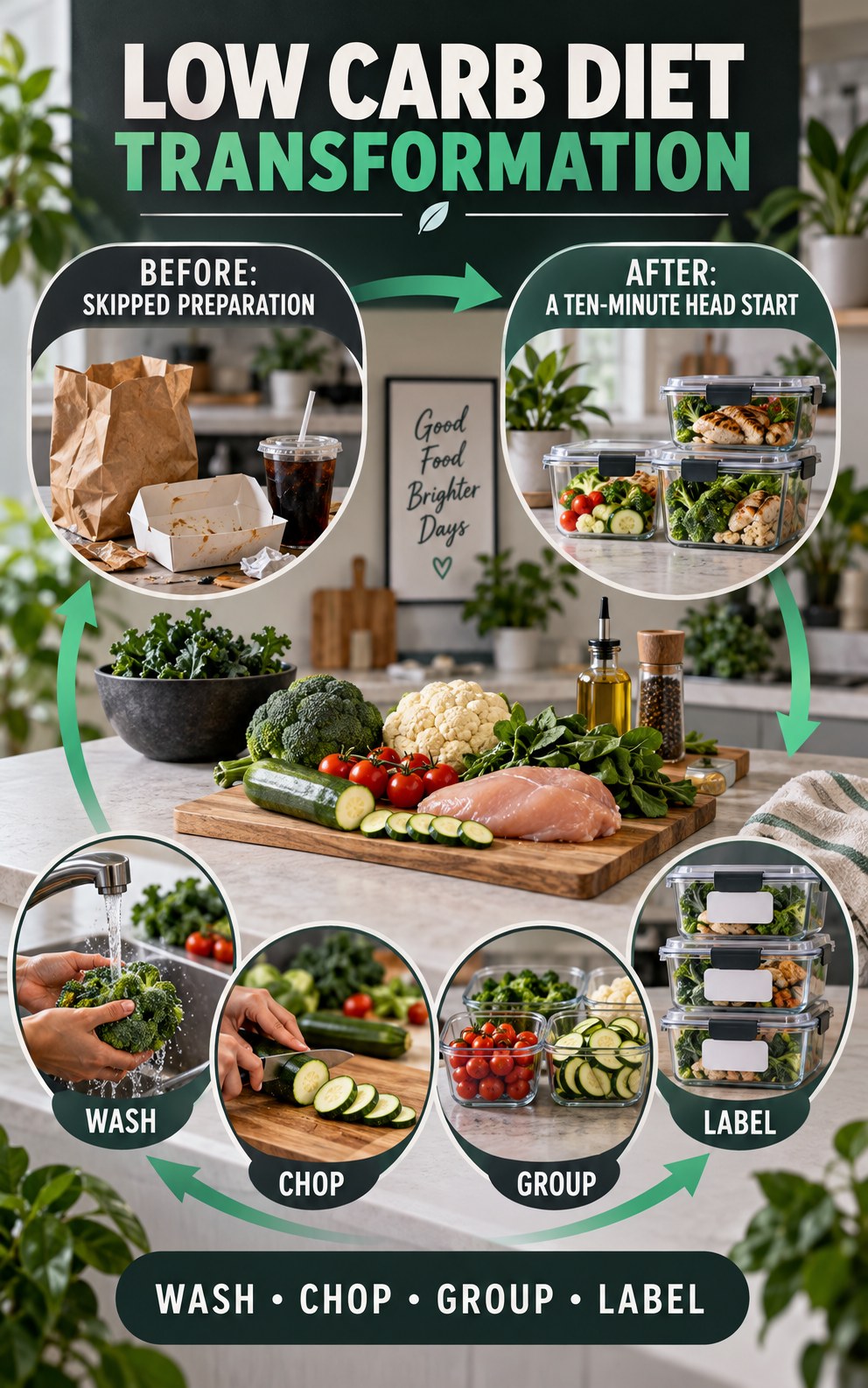 Low Carb Diet habit transformation graphic comparing skipped preparation with a ten-minute head start using four practical steps.