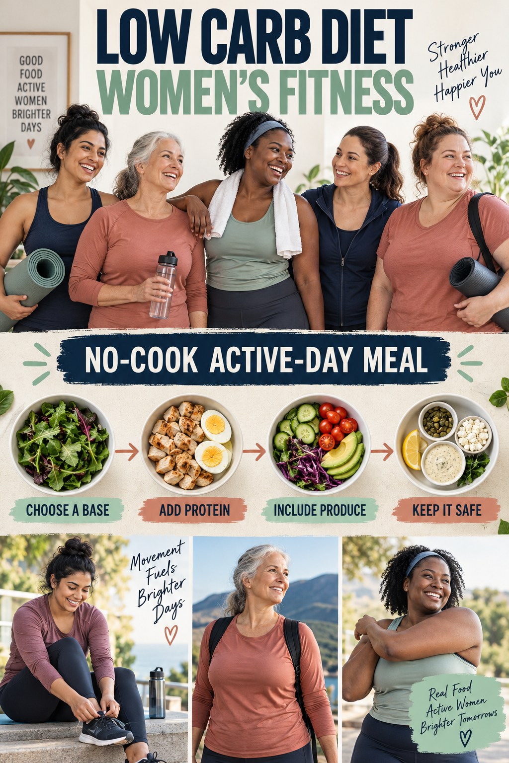 Low Carb Diet women’s fitness graphic titled No-Cook Active-Day Meal with four practical training prompts.