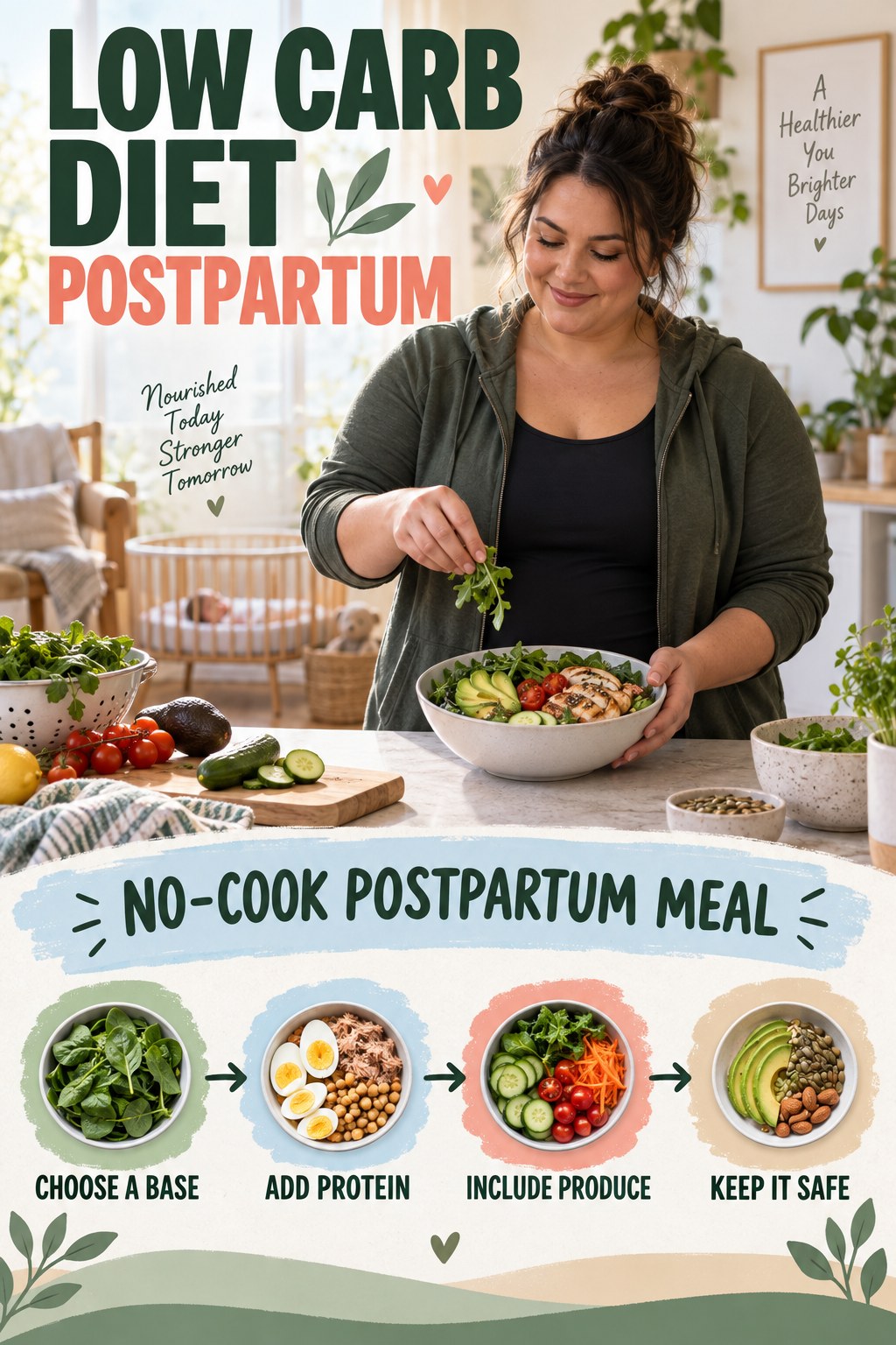 Low Carb Diet postpartum graphic titled No-Cook Postpartum Meal with four gradual recovery-aware prompts.