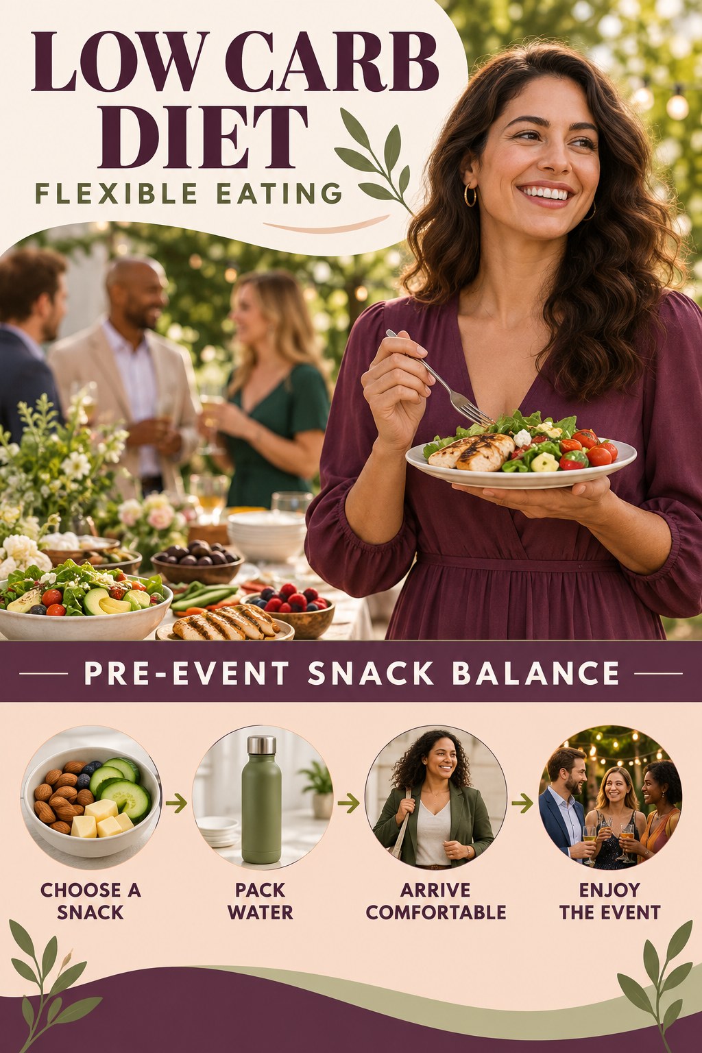 Low Carb Diet flexible eating graphic titled Pre-Event Snack Balance with four practical balance prompts.