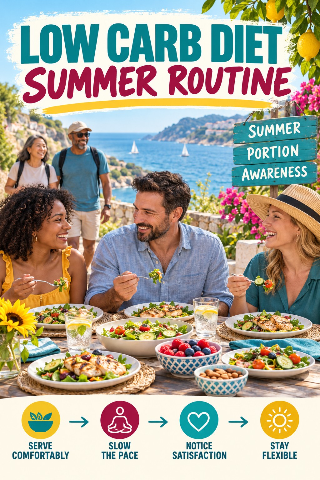 Low Carb Diet summer routine graphic titled Summer Portion Awareness with four practical wellness prompts.