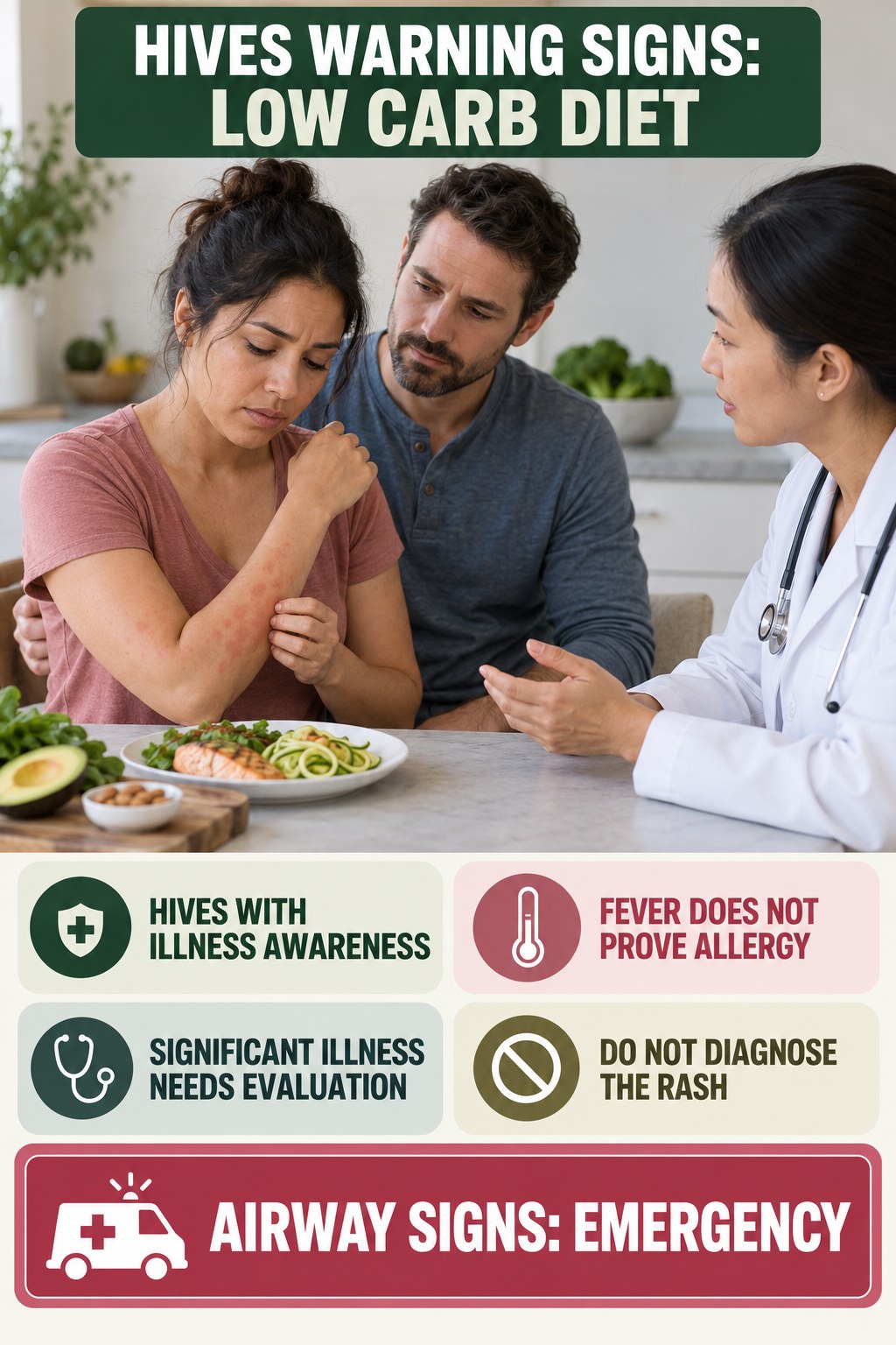 Hives with Illness Awareness infographic for Low Carb Diet, highlighting urgent breathing, throat, swelling, fainting, and rapid-progression warning signs without diagnosing hives.