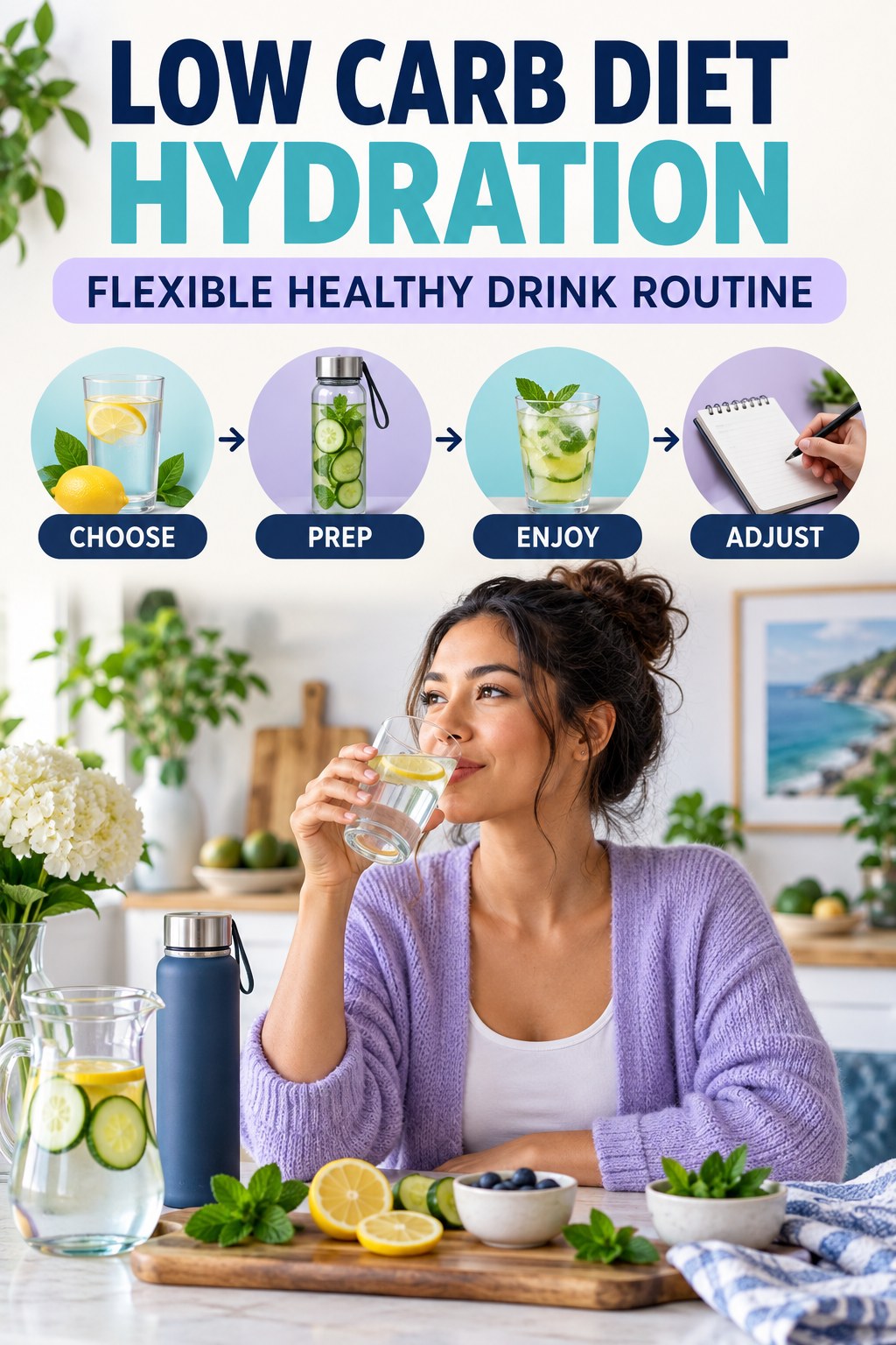 Low Carb Diet hydration graphic titled Flexible Healthy Drink Routine with four flexible water-habit prompts and no fixed intake target.