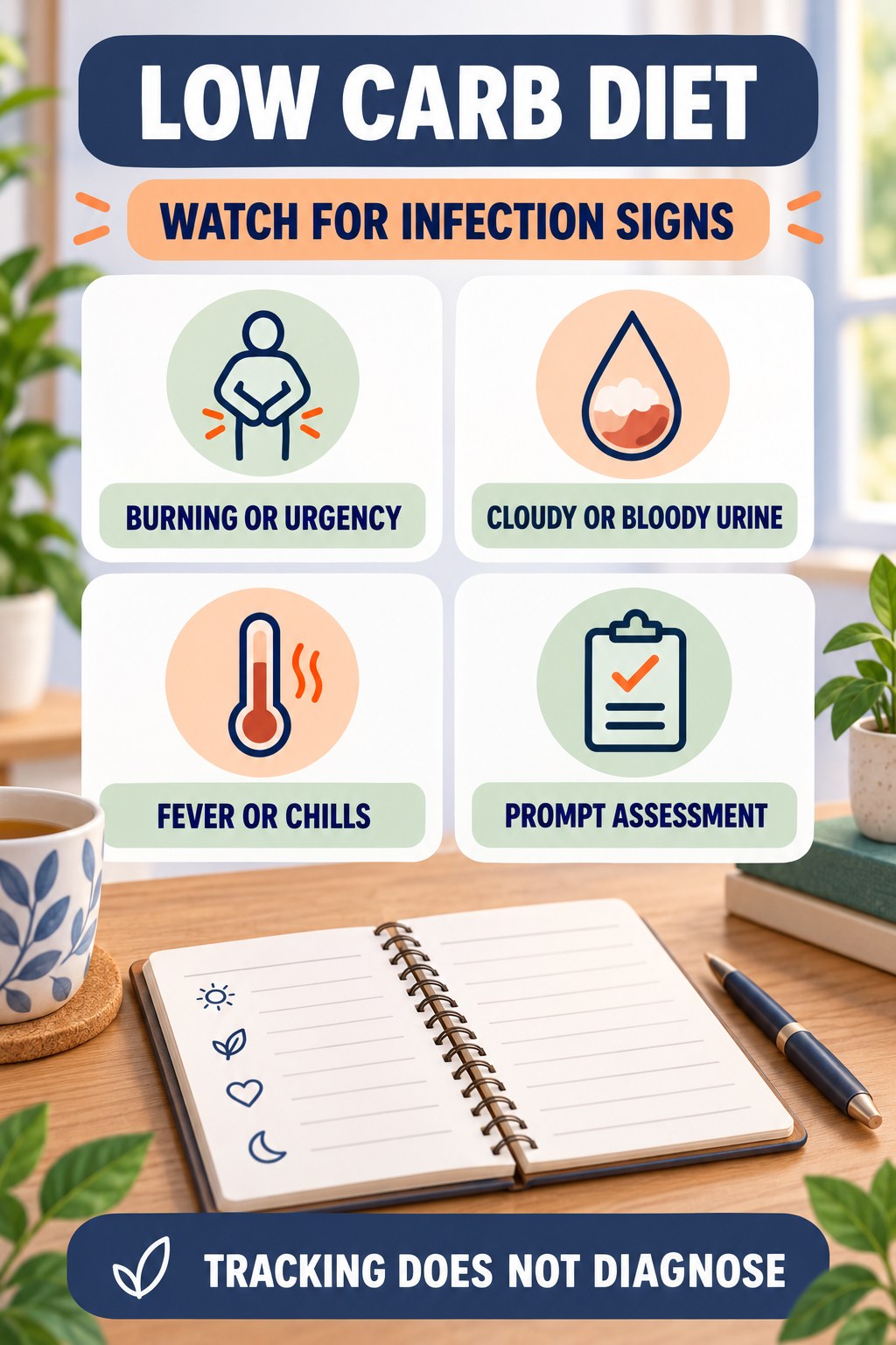 Log Possible Infection Warning Signs urinary symptom tracking infographic for Low Carb Diet with four practical diary points and a non-diagnostic reminder.