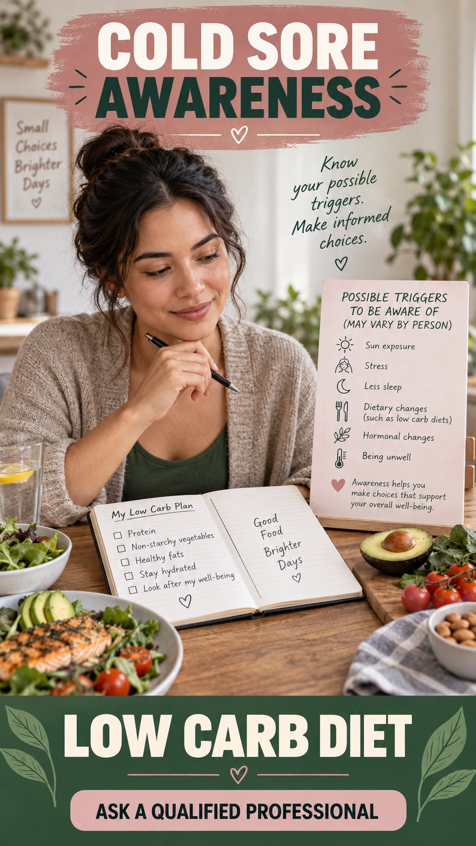 Lysine and Arginine Caution infographic for Low Carb Diet, explaining that possible cold-sore triggers vary by person.