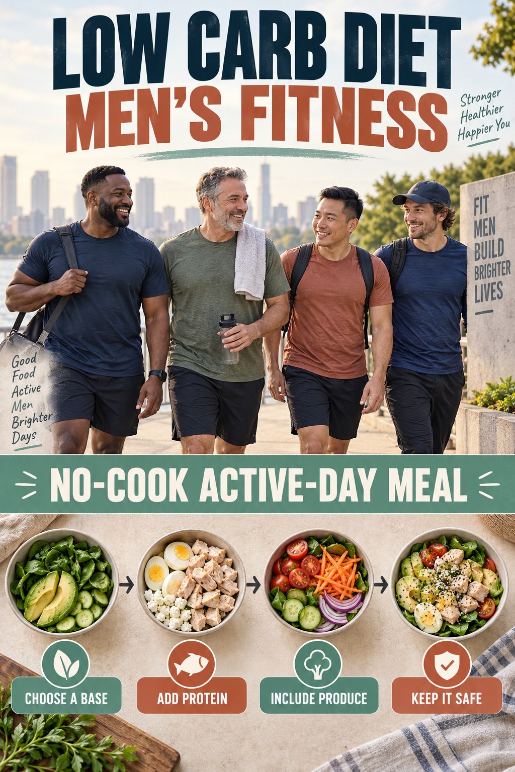 Low Carb Diet men’s fitness graphic titled No-Cook Active-Day Meal with four practical training prompts.