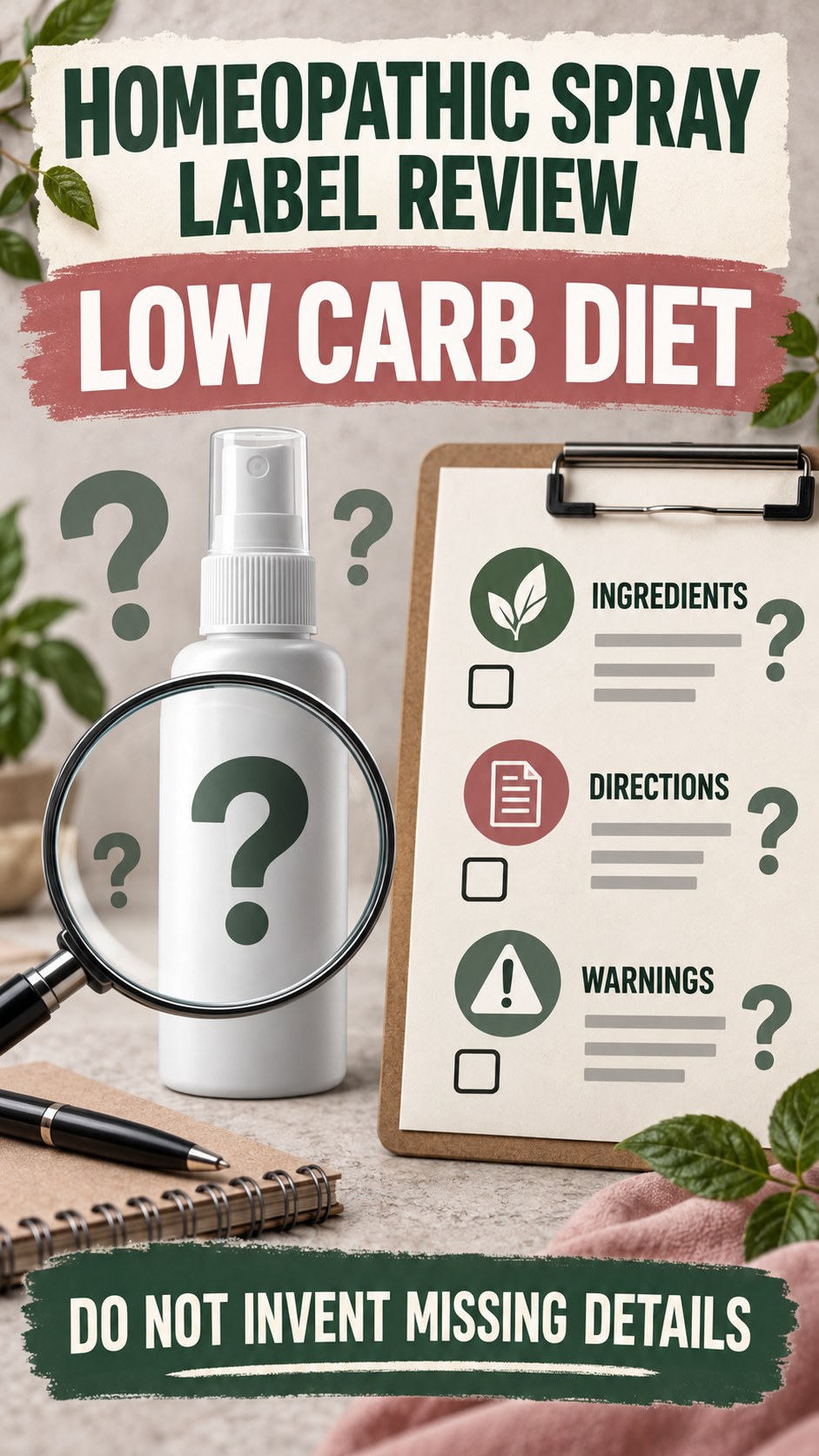 Missing Information Audit infographic for Low Carb Diet, showing a generic spray-label checklist that separates available facts, missing details, and evidence questions.