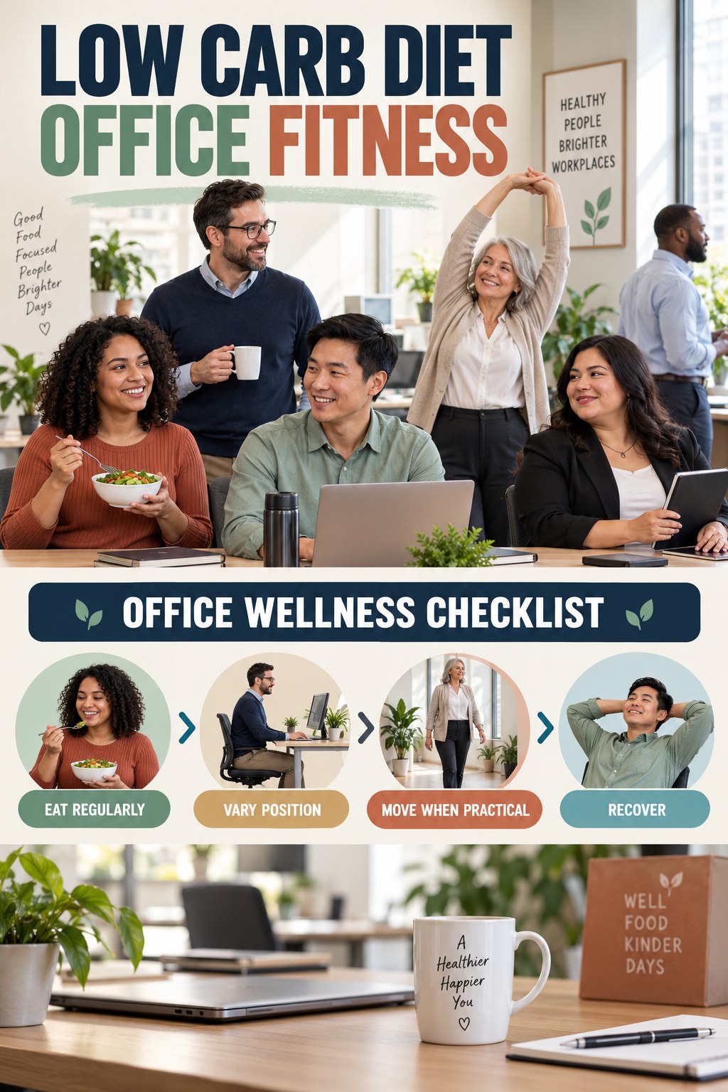 Low Carb Diet office-fitness graphic titled Office Wellness Checklist with four practical workday movement prompts.