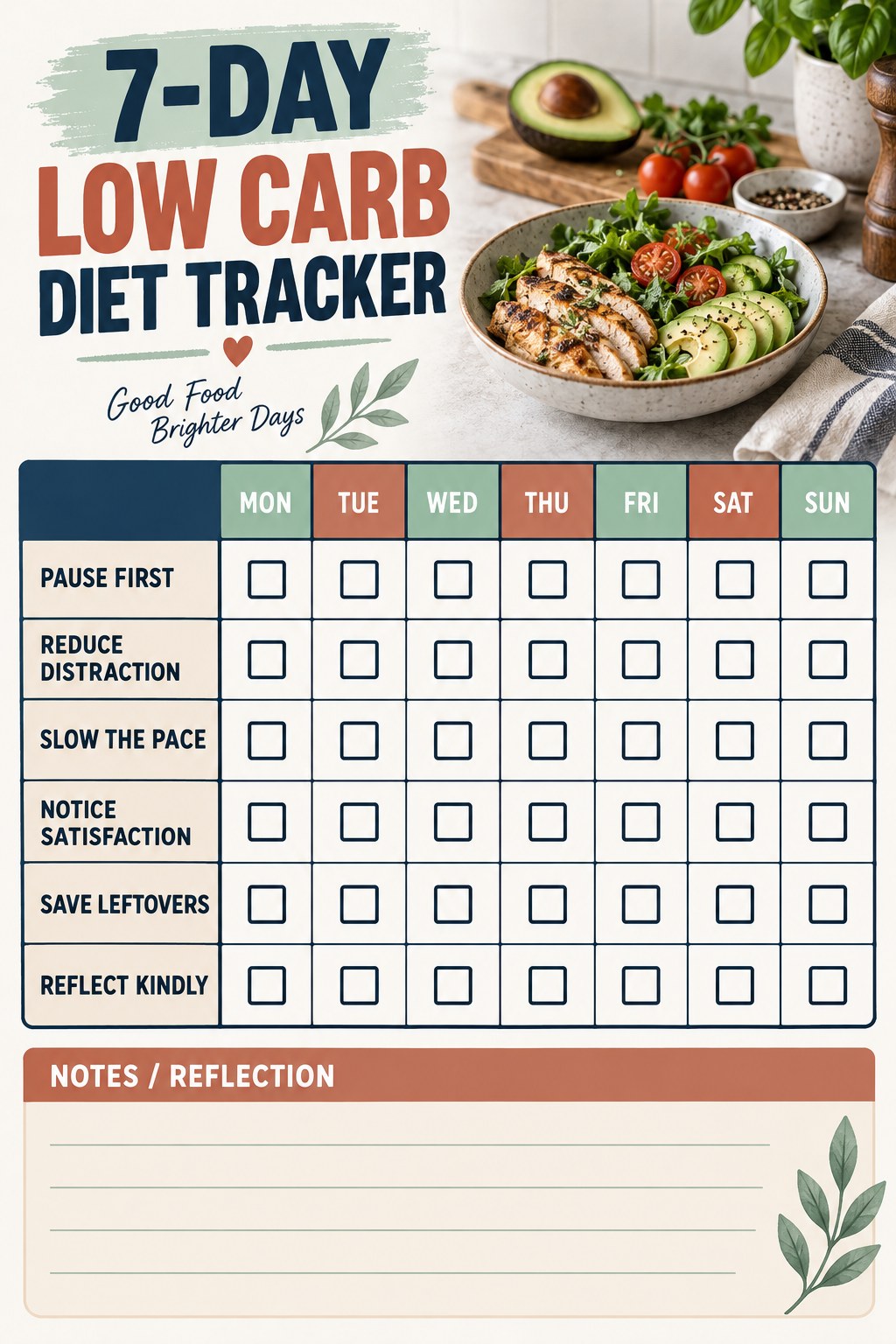 7-Day Low Carb Diet printable-style tracker graphic with six labeled rows, empty checkboxes, and a reflection area.