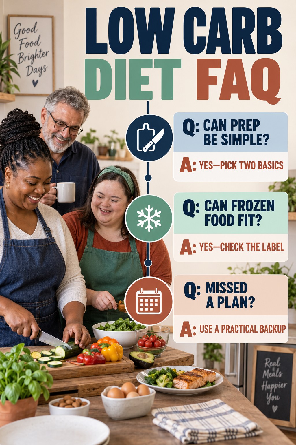 Low Carb Diet FAQ graphic with three concise questions and practical answers for beginners.