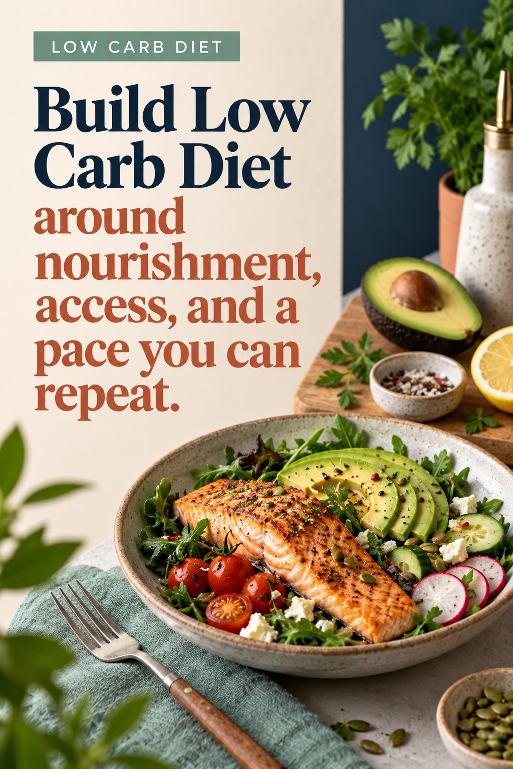 Original Low Carb Diet quote graphic reading “Build Low Carb Diet around nourishment, access, and a pace you can repeat.” in a board-relevant editorial design.