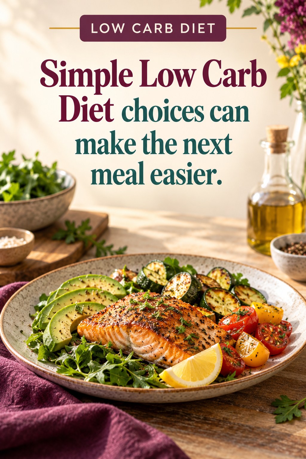 Original Low Carb Diet quote graphic reading “Simple Low Carb Diet choices can make the next meal easier.” in a board-relevant editorial design.