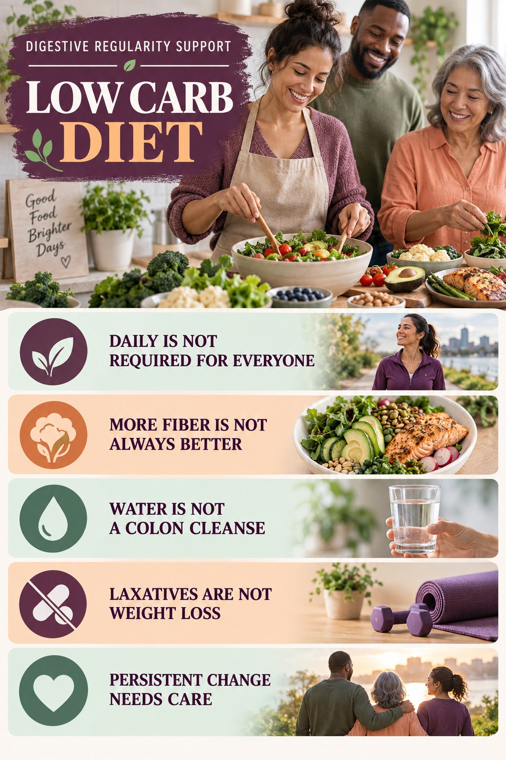 Regularity Myths and Facts infographic for Low Carb Diet with five practical food, hydration, movement, or routine actions and no cleanse claims.