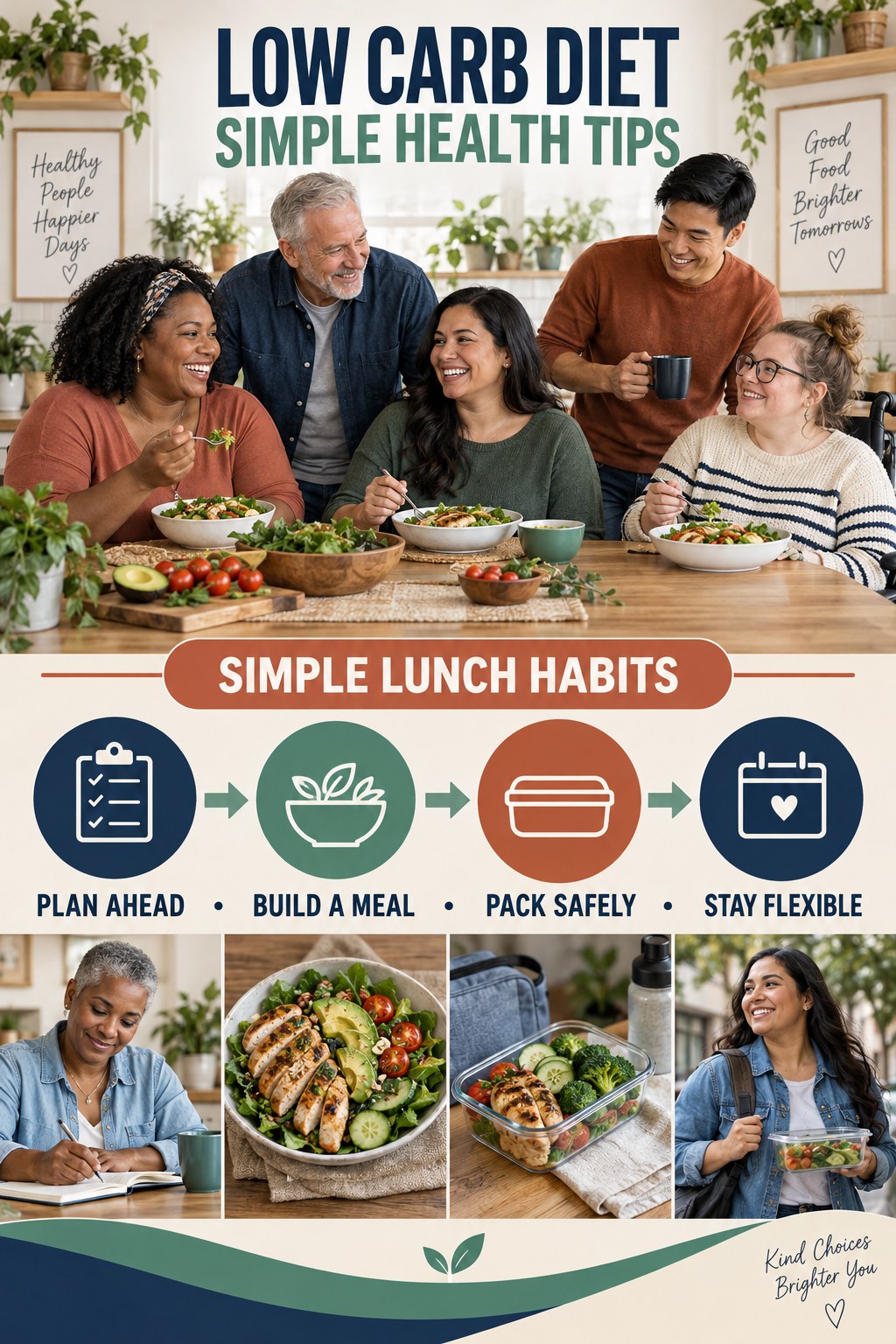 Low Carb Diet simple-health graphic titled Simple Lunch Habits with four practical wellness prompts.