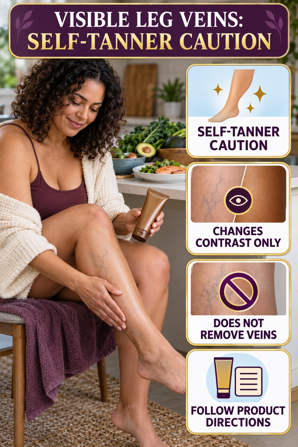 Self-Tanner Caution infographic for Low Carb Diet, showing body-neutral visible-leg-vein appearance care and the boundary between temporary cosmetic support and treatment.
