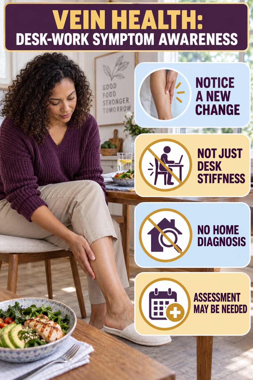 Desk-Work Symptom Awareness infographic for Low Carb Diet, explaining vein-health warning signs and the appropriate next action without diagnosing a condition.