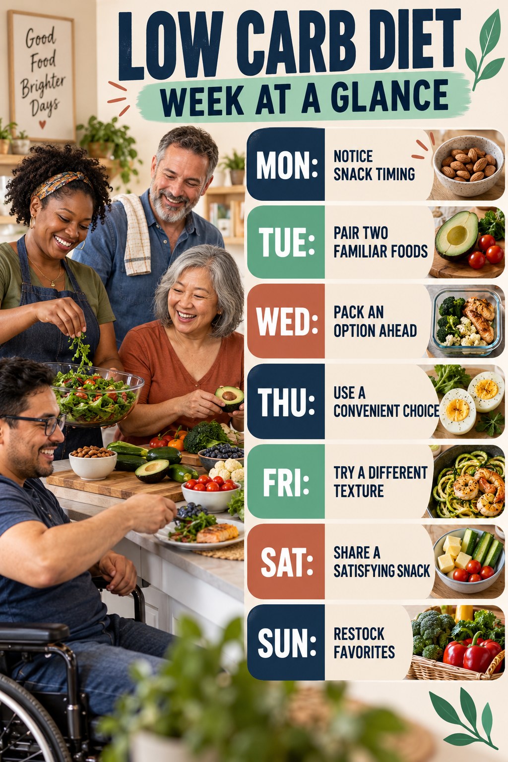 Weekly Low Carb Diet plan graphic with concise Monday-to-Sunday actions and flexible recovery guidance.