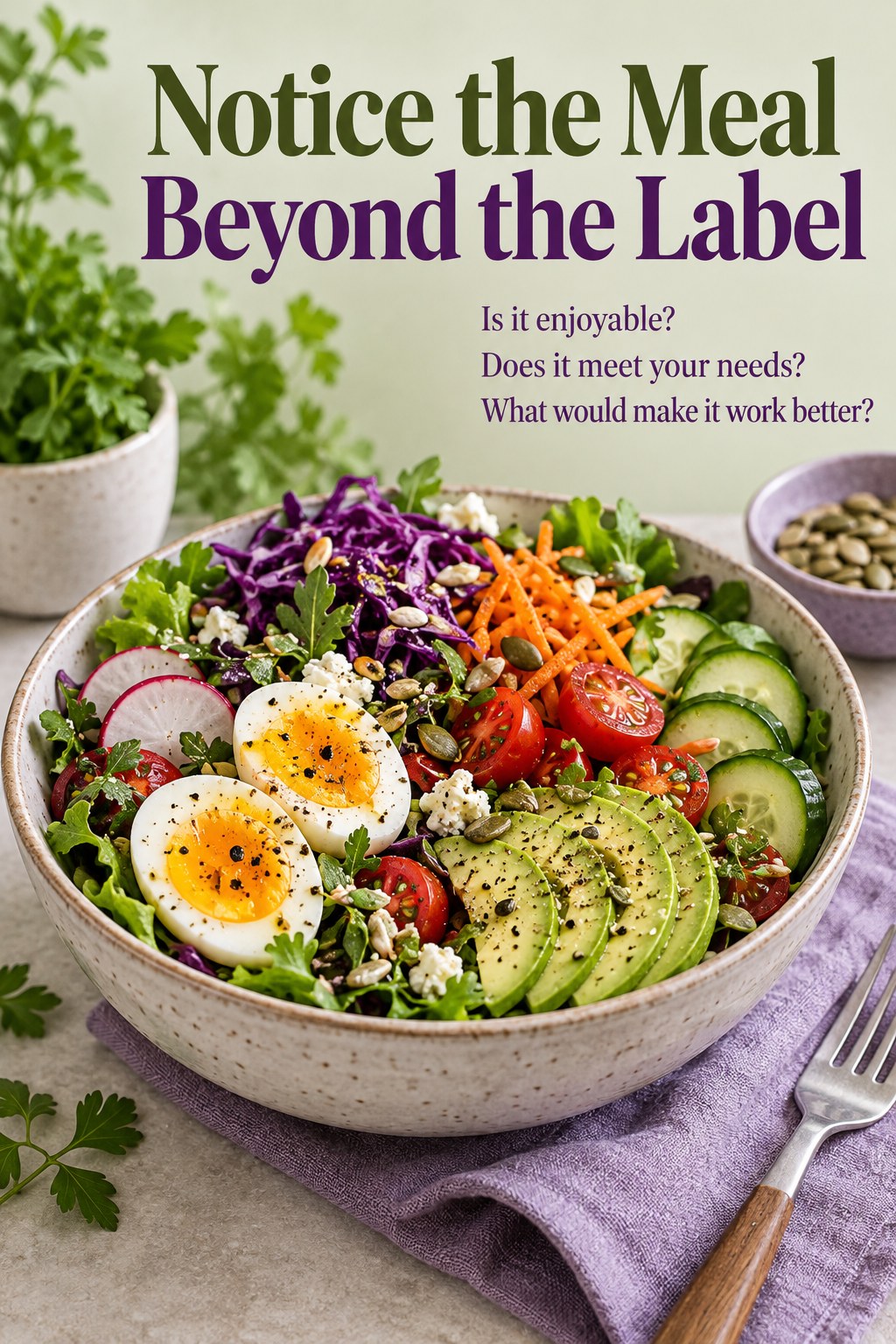 Egg, avocado, and vegetable salad with a headline inviting attention beyond a diet label.