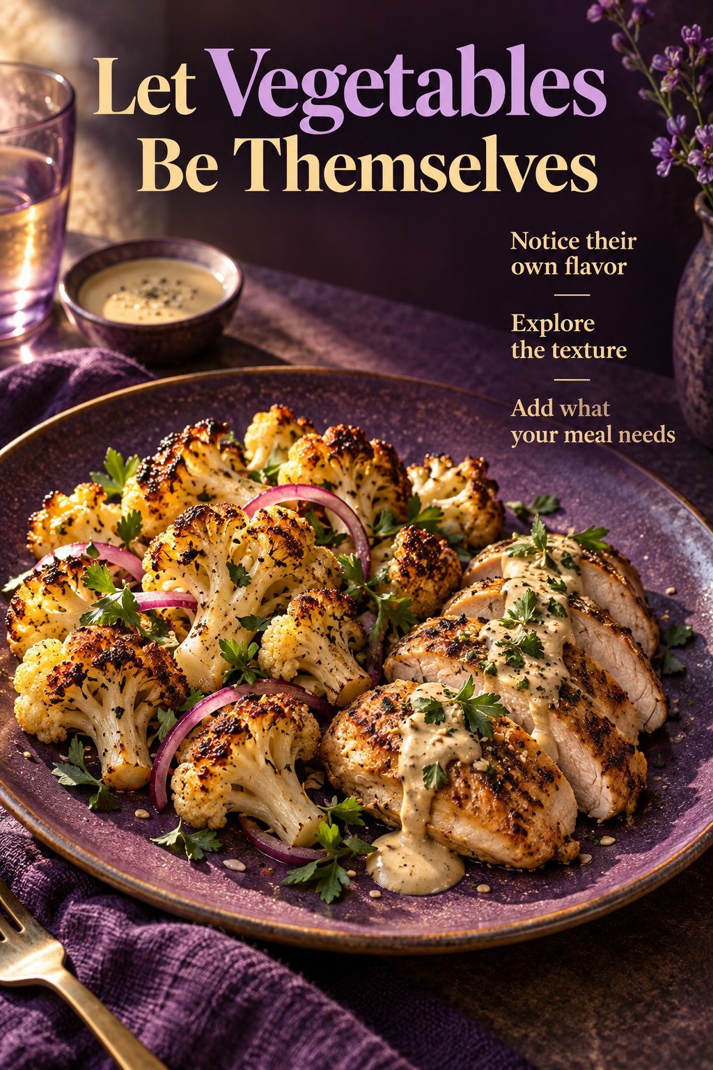Roasted cauliflower, chicken, and tahini sauce with a headline appreciating vegetables as themselves.