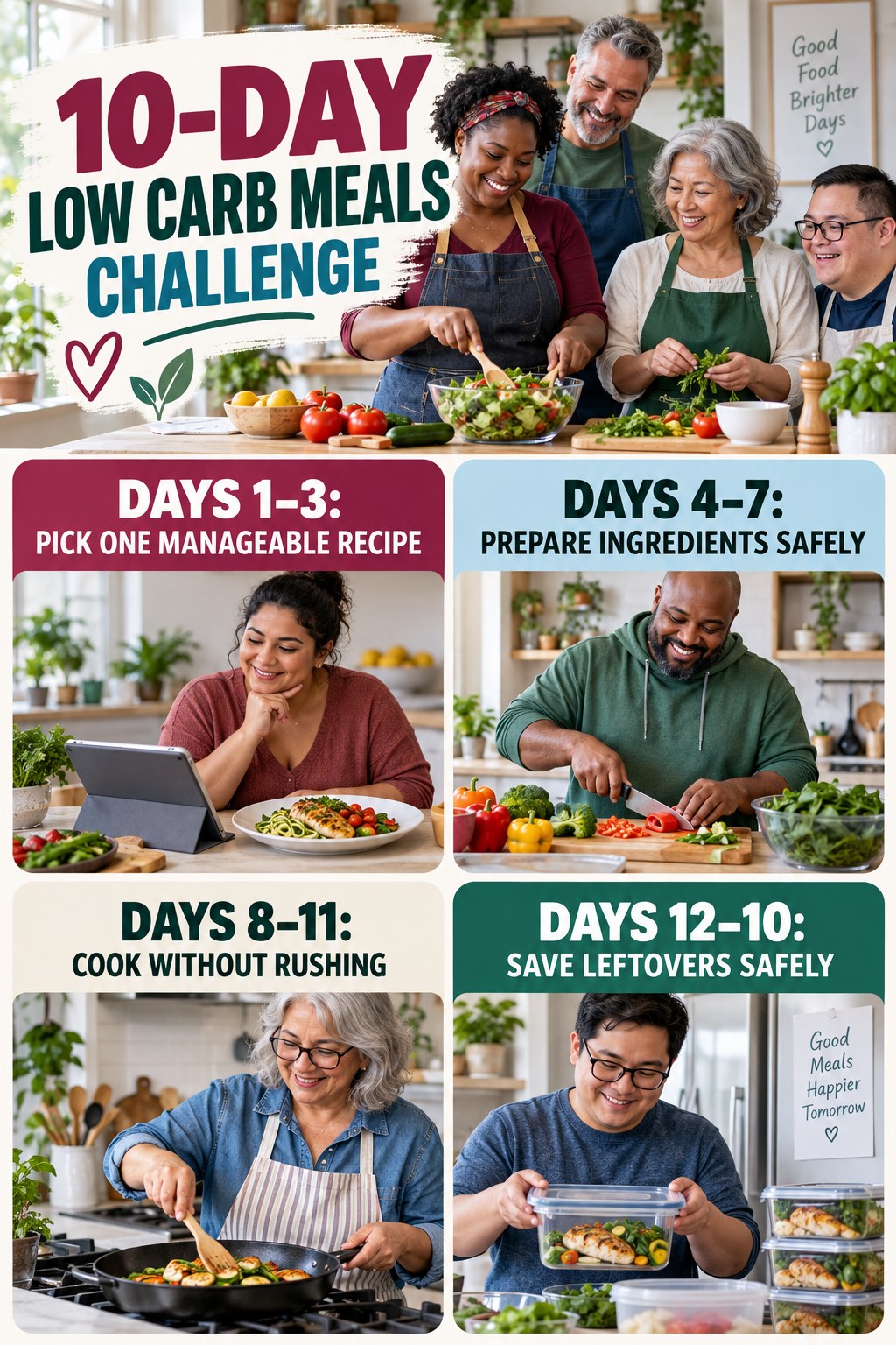 10-day Low Carb Meals challenge graphic showing four manageable milestones for consistent practice.