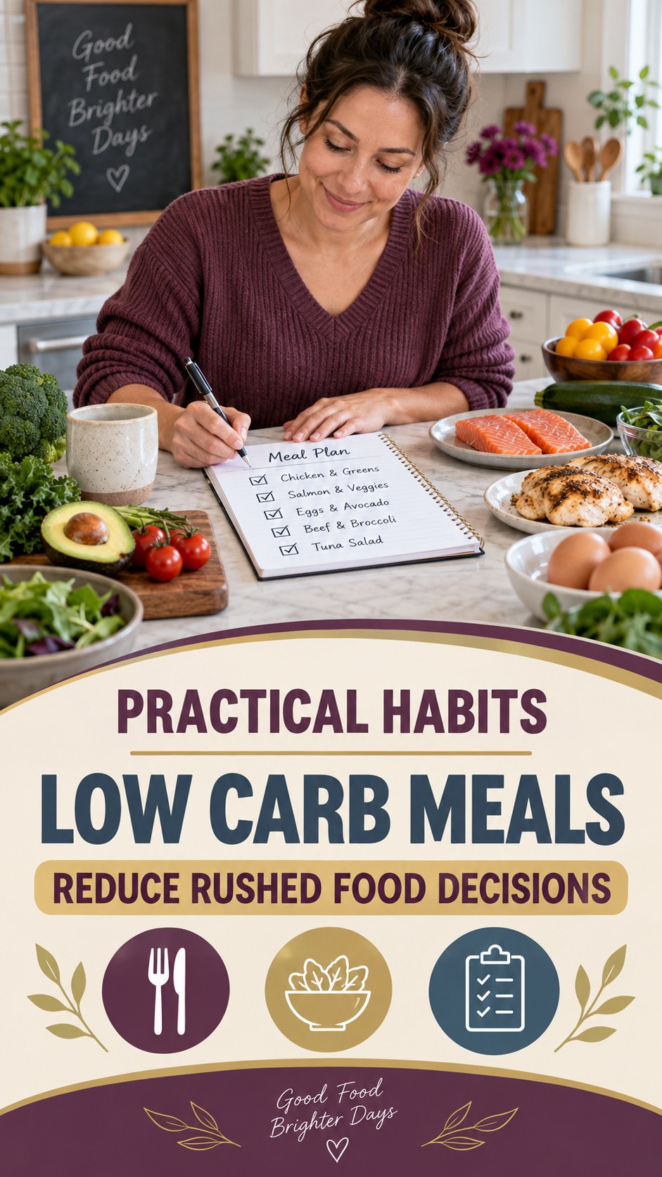 Mindful Meal Decisions infographic for Low Carb Meals, showing practical metabolism-support habits for an active lifestyle.