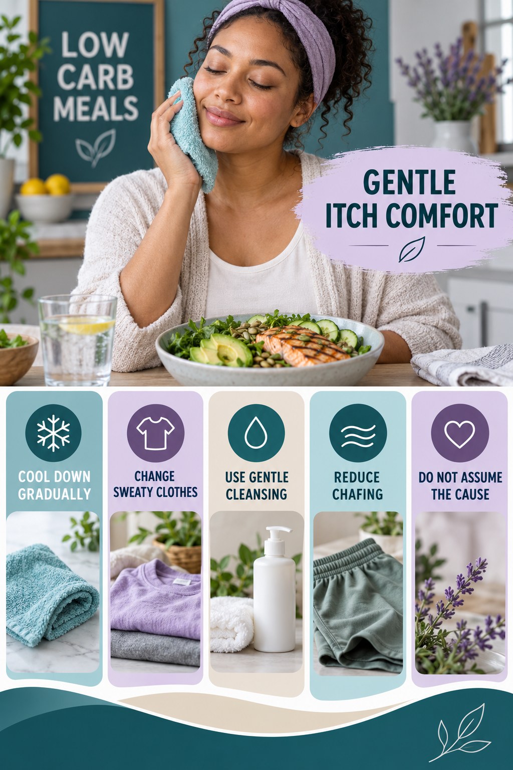 After-Activity Skin Comfort infographic for Low Carb Meals with five gentle itchy-skin comfort strategies and a non-diagnostic safety focus.
