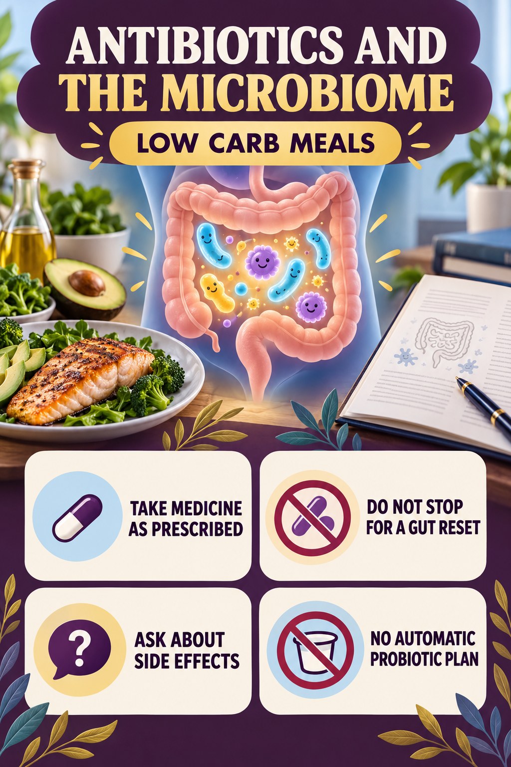 Antibiotics and Microbiome Questions educational infographic for Low Carb Meals with four evidence-aware points.