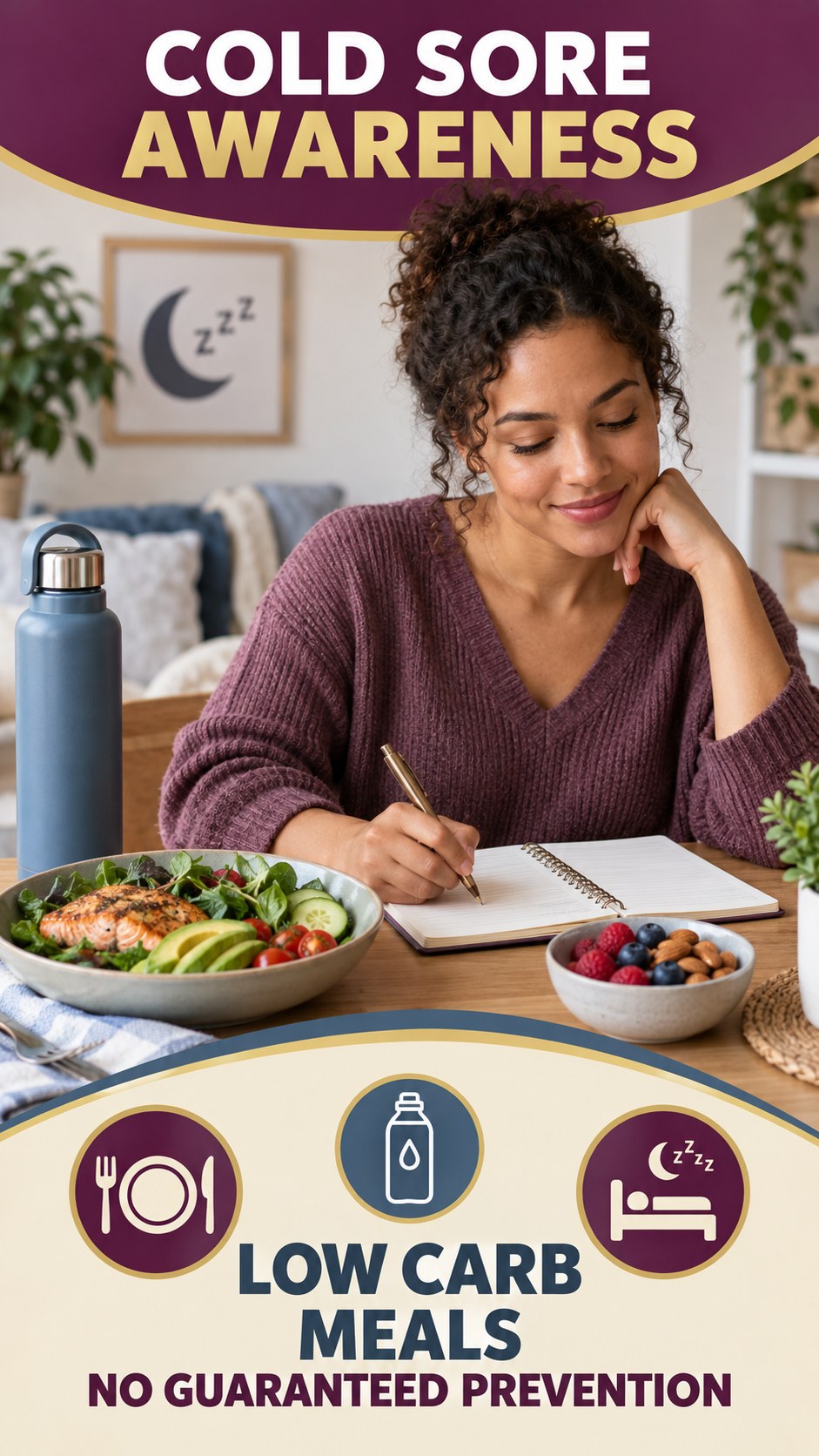 Balanced Routine Awareness infographic for Low Carb Meals, explaining that possible cold-sore triggers vary by person.