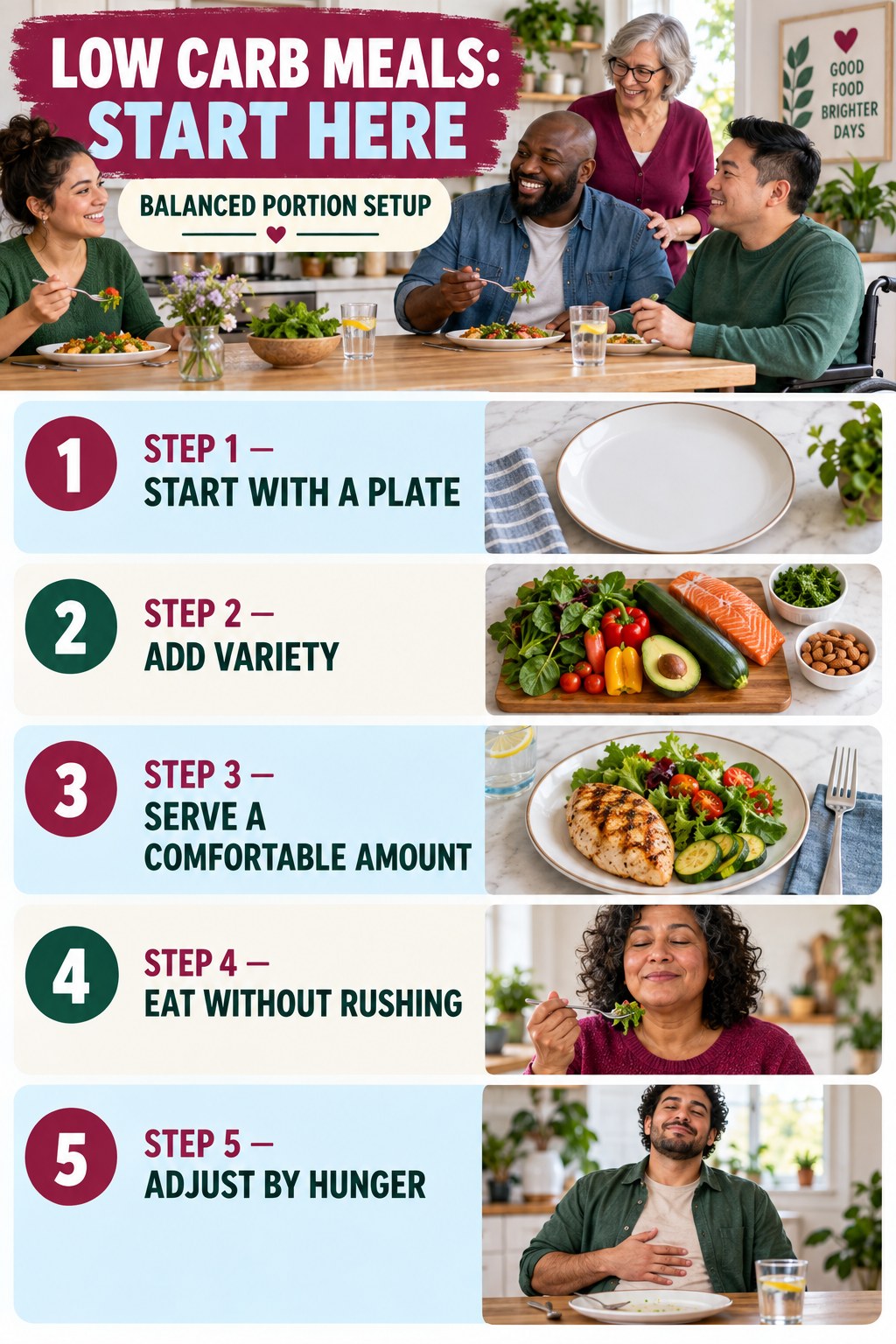 Low Carb Meals beginner guide graphic showing five manageable stages for balanced portion setup.