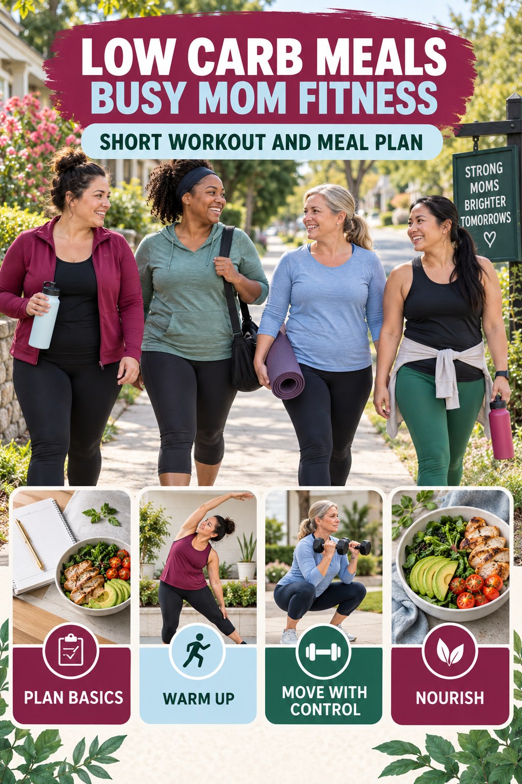 Low Carb Meals busy-mom fitness graphic titled Short Workout and Meal Plan with four practical movement prompts.