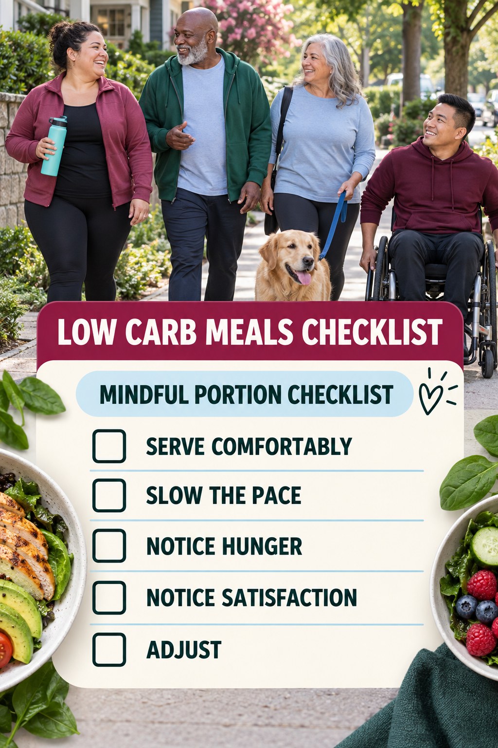 Low Carb Meals checklist graphic titled Mindful Portion Checklist with five clear practical wellness items.