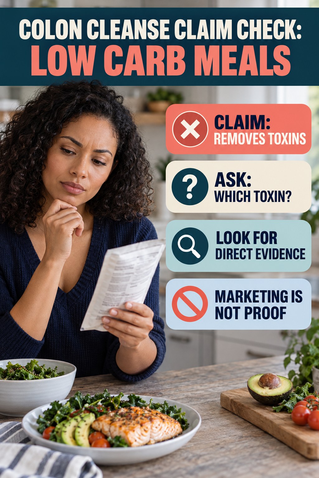 Undefined Toxin Claims infographic for Low Carb Meals, separating a colon-cleanse marketing claim from evidence, reasonable conclusions, and safety context.