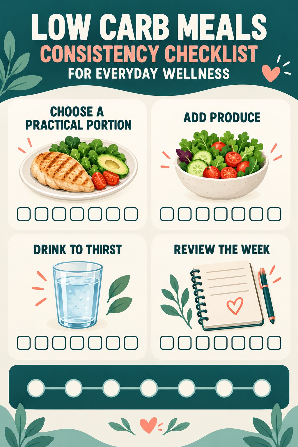Low Carb Meals Consistency Checklist for Everyday Wellness infographic with checkboxes for choose a practical portion, add produce, drink to thirst, review the week.