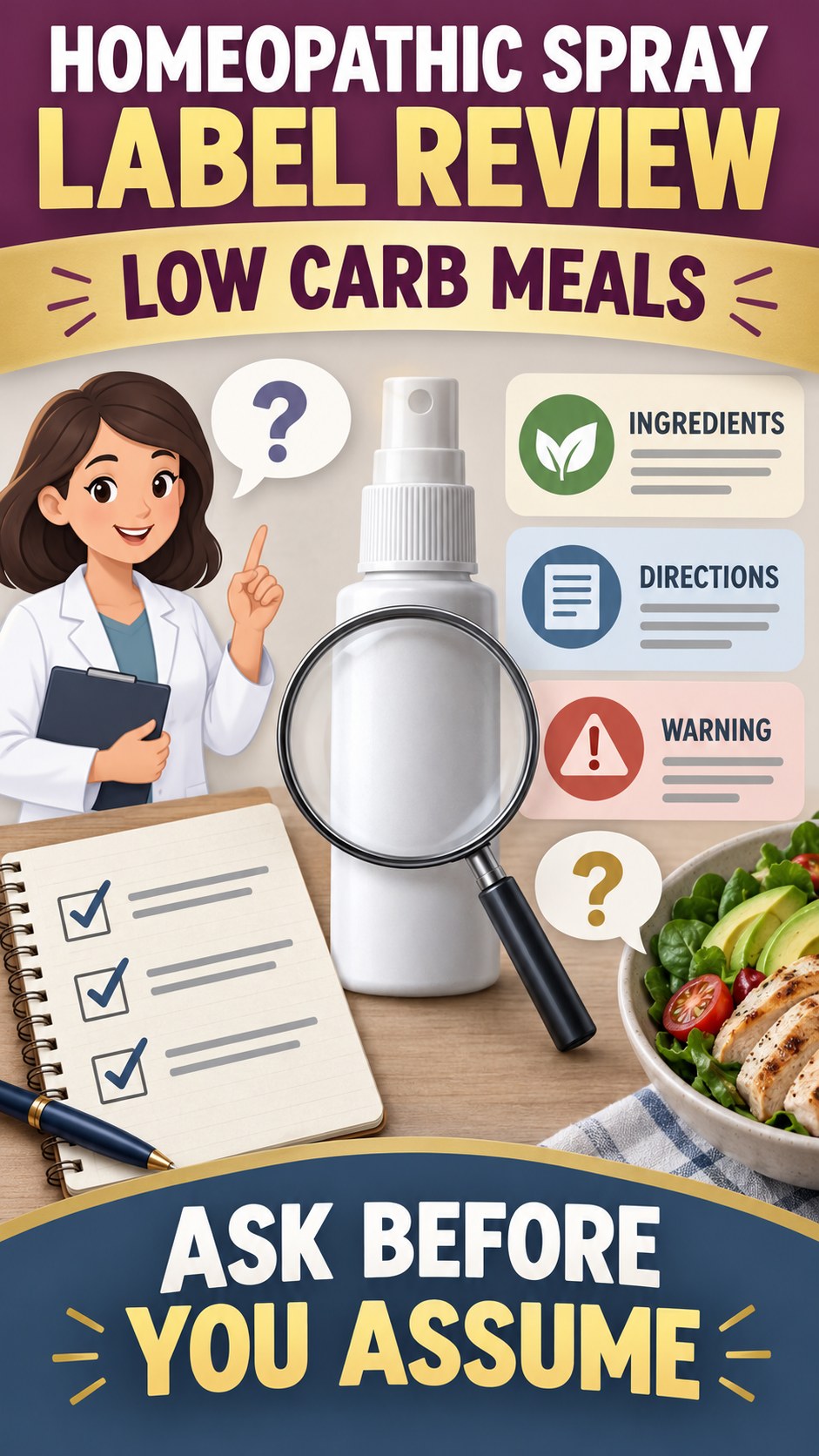 Consumer Questions Checklist infographic for Low Carb Meals, showing a generic spray-label checklist that separates available facts, missing details, and evidence questions.