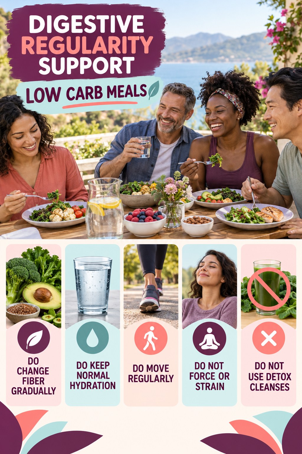 Digestive Wellness Do and Do Not infographic for Low Carb Meals with five practical food, hydration, movement, or routine actions and no cleanse claims.