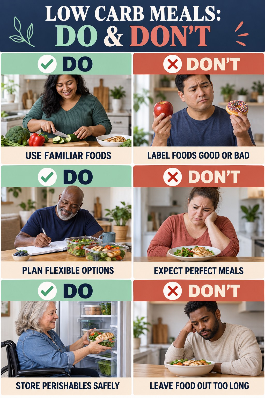 Low Carb Meals Do and Don’t comparison graphic showing three practical behavior pairs for simple cooking.
