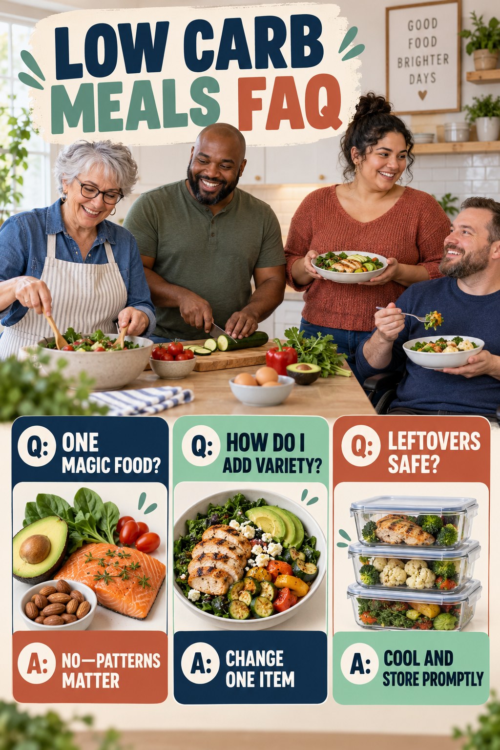 Low Carb Meals FAQ graphic with three concise questions and practical answers for beginners.