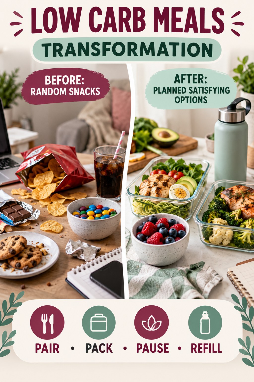 Low Carb Meals habit transformation graphic comparing random snacks with planned satisfying options using four practical steps.
