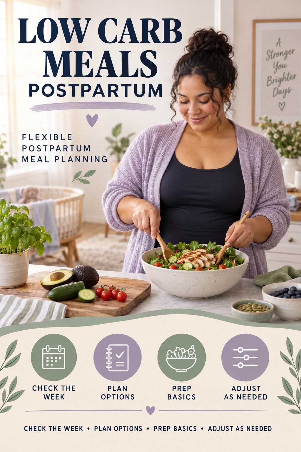 Low Carb Meals postpartum graphic titled Flexible Postpartum Meal Planning with four gradual recovery-aware prompts.