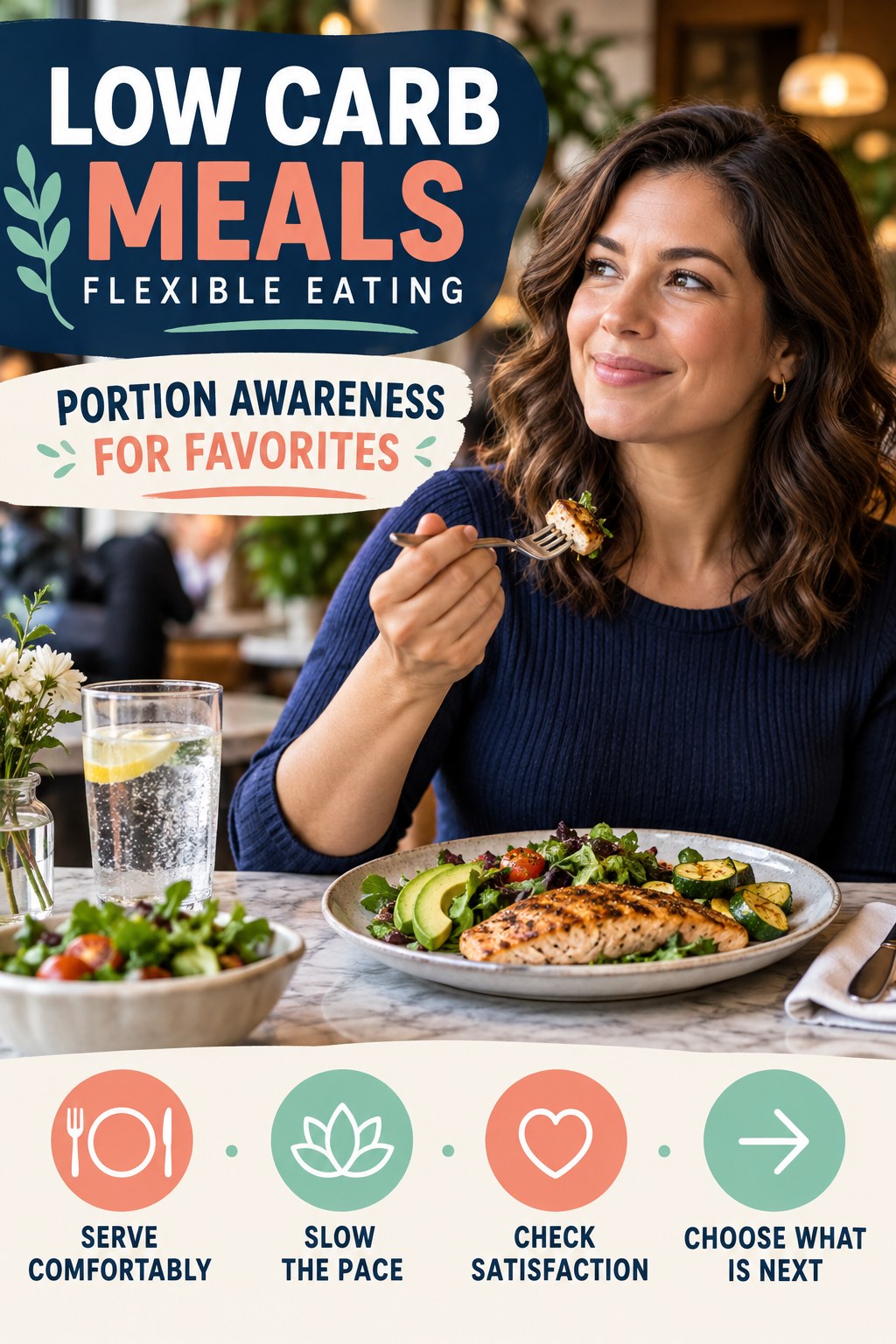 Low Carb Meals flexible eating graphic titled Portion Awareness for Favorites with four practical balance prompts.