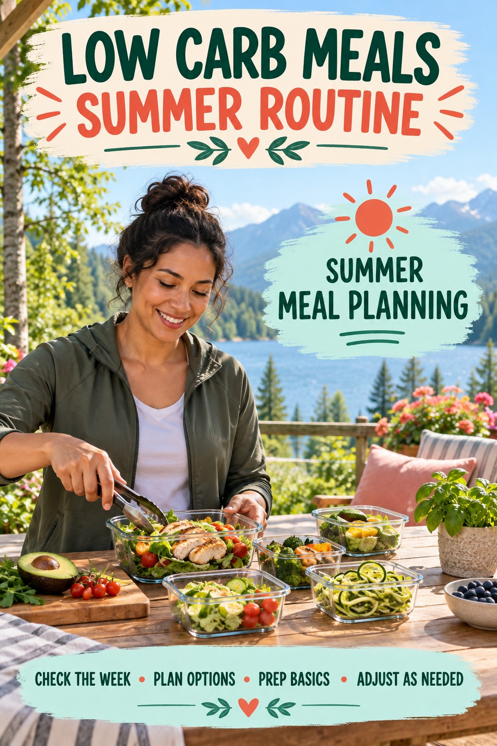 Low Carb Meals summer routine graphic titled Summer Meal Planning with four practical wellness prompts.