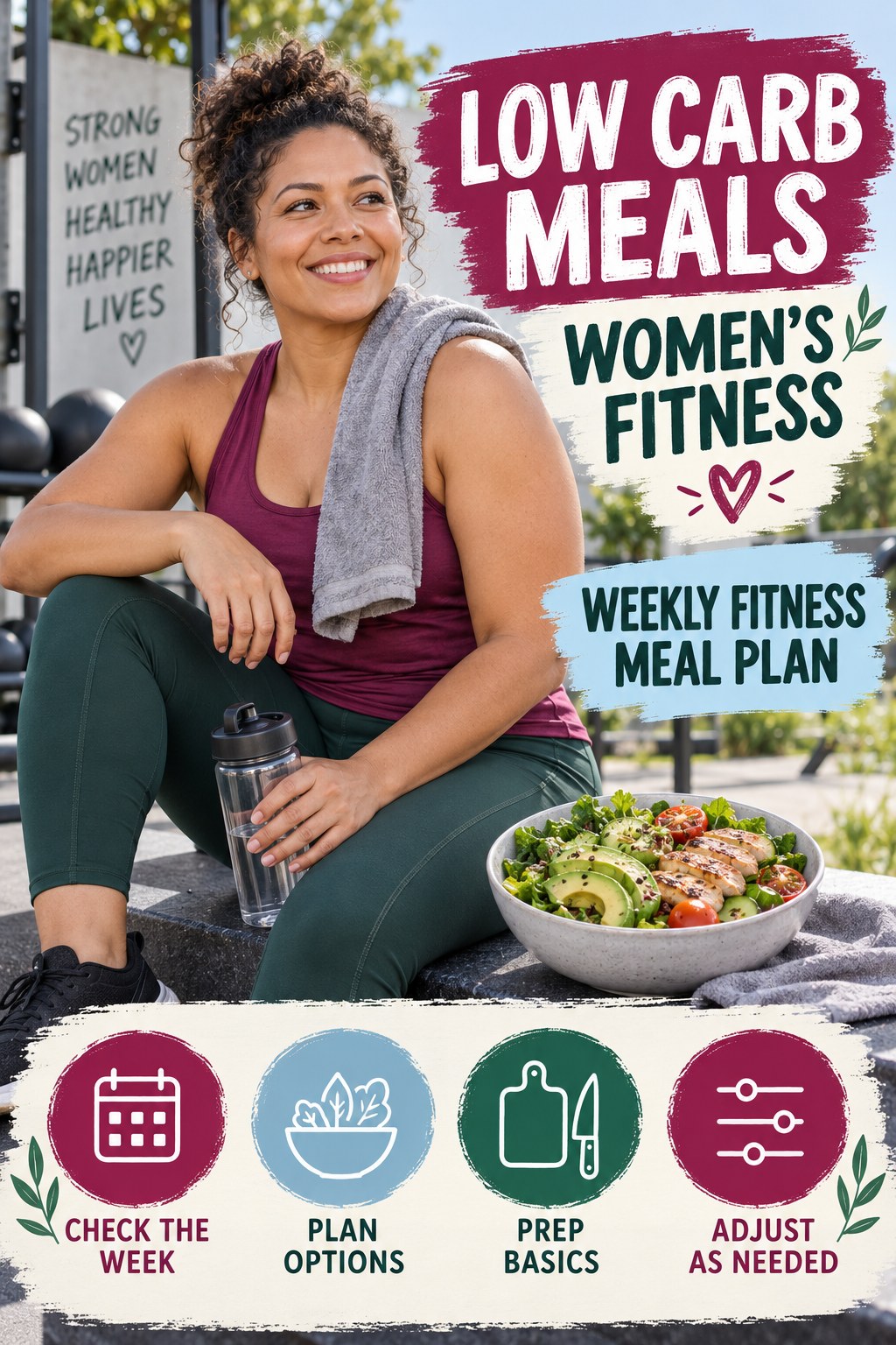 Low Carb Meals women’s fitness graphic titled Weekly Fitness Meal Plan with four practical training prompts.