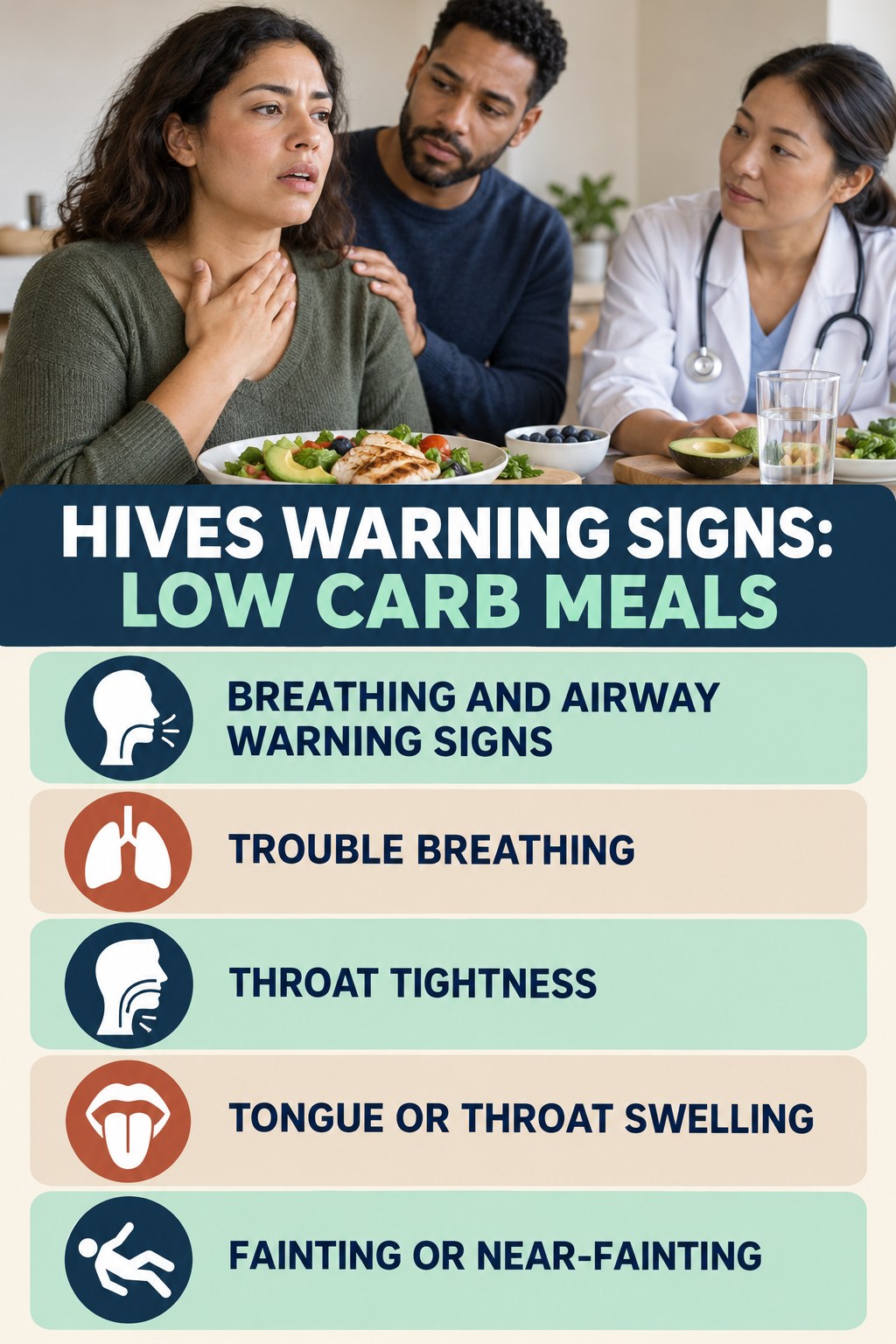 Breathing and Airway Warning Signs infographic for Low Carb Meals, highlighting urgent breathing, throat, swelling, fainting, and rapid-progression warning signs without diagnosing hives.