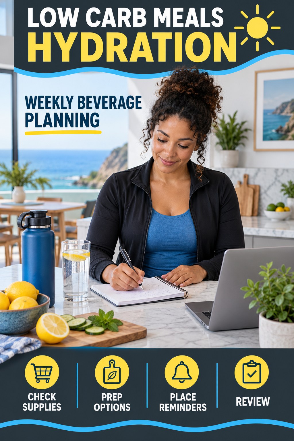 Low Carb Meals hydration graphic titled Weekly Beverage Planning with four flexible water-habit prompts and no fixed intake target.